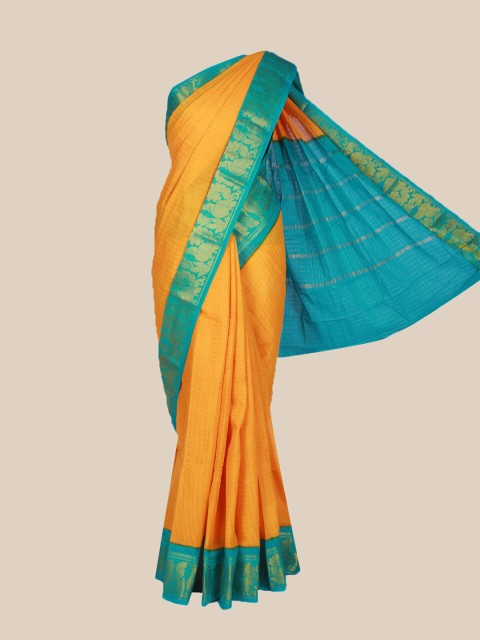 

The Chennai Silks Orange & Turquoise Blue Woven Design Pure Cotton Fusion Sungudi Saree
