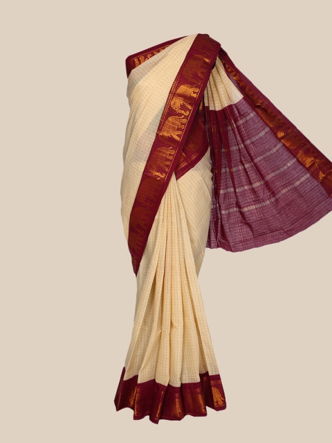 

The Chennai Silks Beige & Red Woven Design Zari Pure Cotton Sungudi Saree