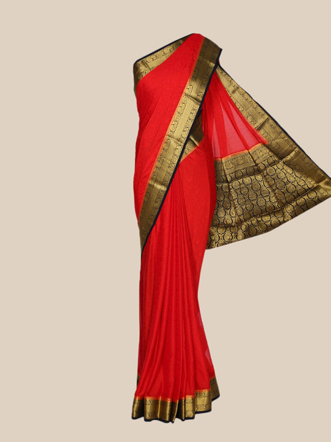 

The Chennai Silks Red & Gold-Toned Woven Design Fusion Mysore Silk Saree