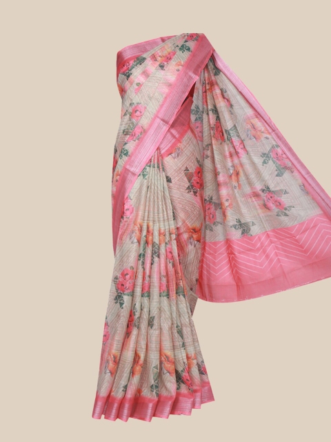 

The Chennai Silks Beige & Pink Floral Linen Blend Fusion Saree