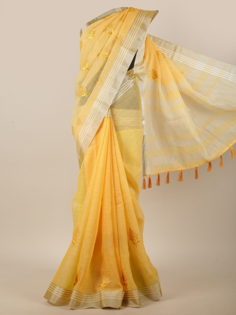 

Pothys Yellow & Silver-Toned Floral Linen Blend Saree