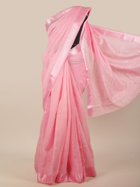 

Pothys Pink & Silver-Toned Zari Chanderi Cotton Saree