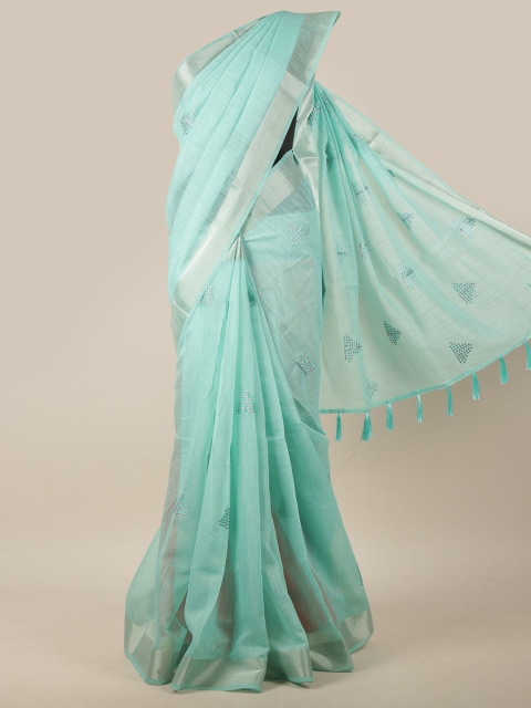 

Pothys Turquoise Blue & Silver-Toned Floral Embroidered Zari Chanderi Cotton Saree