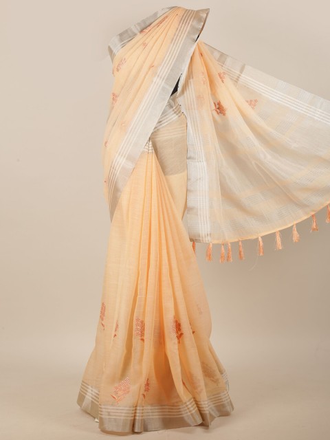 

Pothys Peach-Coloured & Silver-Toned Floral Linen Blend Saree