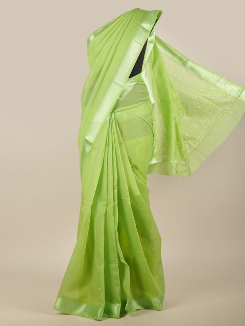 

Pothys Green & Gold-Toned Floral Embroidered Zari Saree