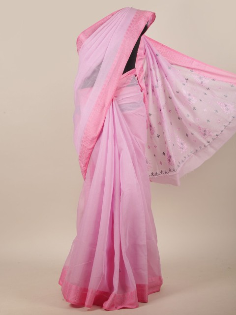 

Pothys Pink & Grey Floral Embroidered Chanderi Cotton Saree