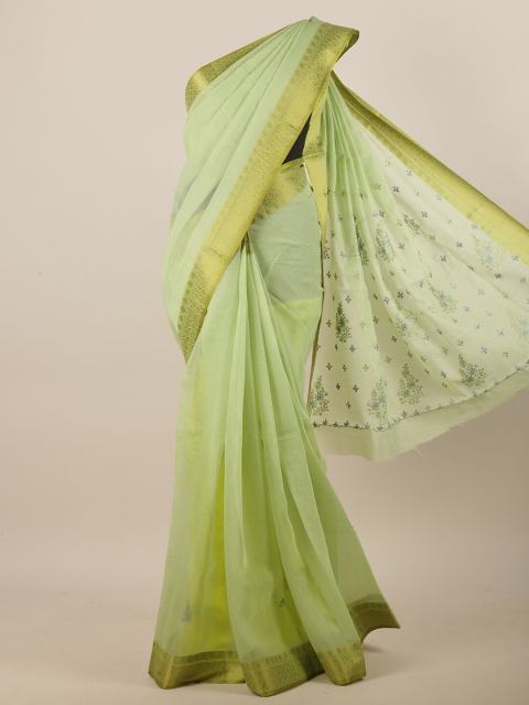 

Pothys Green & Gold-Toned Floral Embroidered Zari Chanderi Cotton Saree