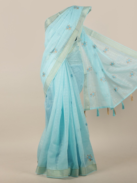 

Pothys Turquoise Blue & Brown Floral Embroidered Chanderi Cotton Saree