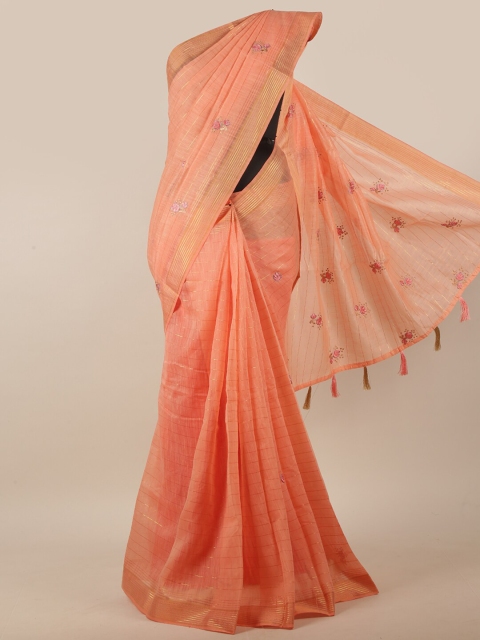 

Pothys Orange & Grey Floral Embroidered Chanderi Cotton Saree