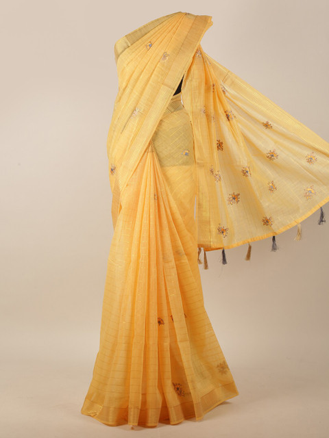 

Pothys Yellow & Gold-Toned Floral Embroidered Chanderi Cotton Saree