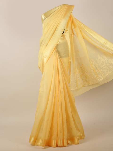 

Pothys Yellow & Silver-Toned Floral Embroidered Chanderi Cotton Saree
