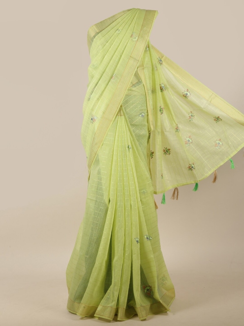 

Pothys Green & Golden-Toned Floral Embroidered Zari Border Chanderi Cotton Saree