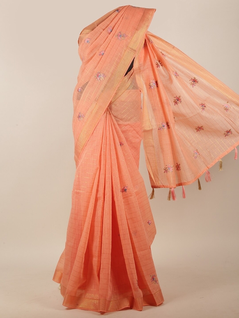 

Pothys Orange & Golden-Toned Floral Embroidered Zari Border Chanderi Cotton Saree