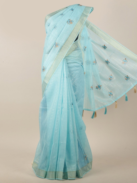 

Pothys Blue & Brown Floral Embroidered Zari Border Chanderi Cotton Saree