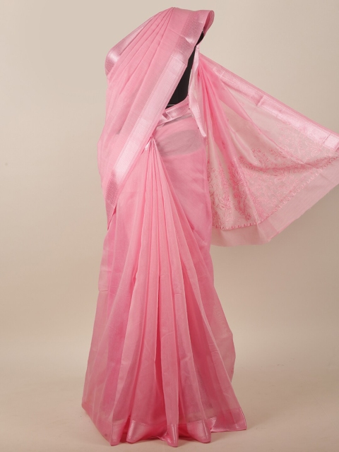 

Pothys Pink & Silver-Toned Floral Embroidered Chanderi Cotton Saree
