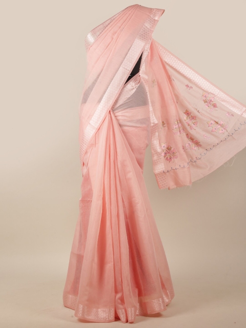 

Pothys Pink & Silver-Toned Floral Zari Border Chanderi Cotton Saree