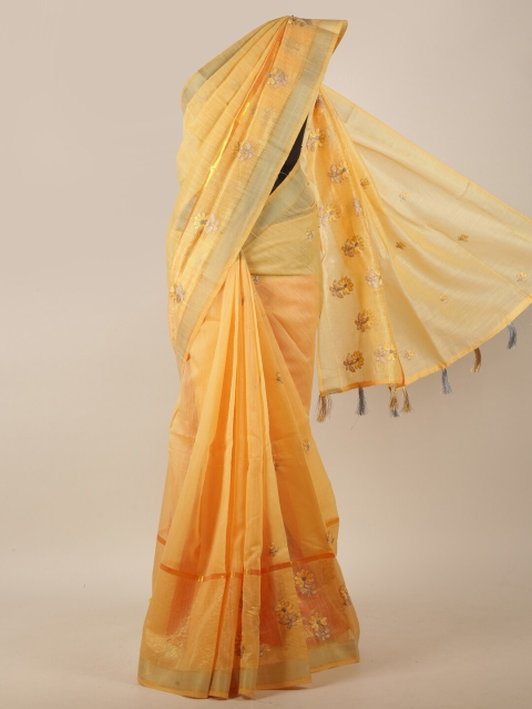 

Pothys Yellow & Silver-Toned Floral Zari Border Chanderi Cotton Saree
