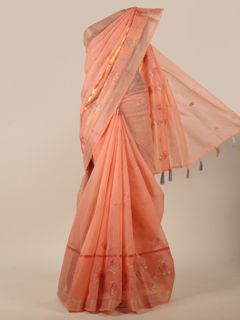 

Pothys Orange & Grey Floral Embroidered Zari Border Chanderi Cotton Saree
