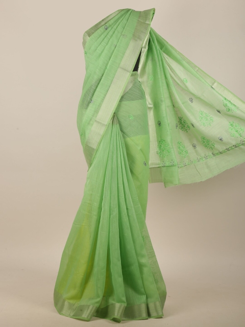 

Pothys Green & Silver-Toned Floral Embroidered Zari Border Chanderi Cotton Saree