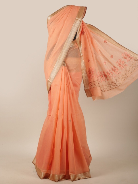 

Pothys Pink & Gold-Toned Floral Embroidered Zari Border Chanderi Cotton Saree