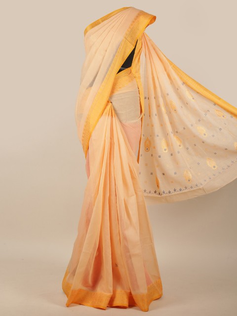 

Pothys Peach-Coloured & Yellow Ethnic Motifs Embroidered Chanderi Cotton Saree