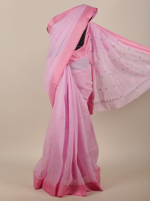 

Pothys Pink & Silver-Toned Ethnic Motifs Embroidered Chanderi Cotton Saree