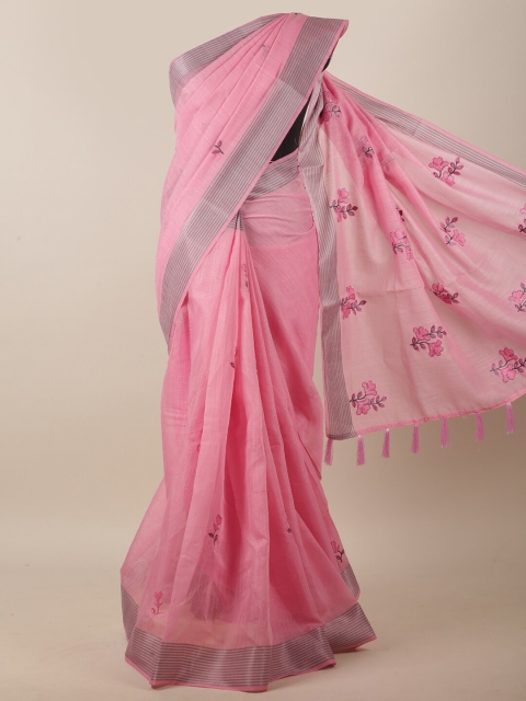 

Pothys Linen Blend Pink & Silver-Toned Floral Embroidered Zari Border Saree