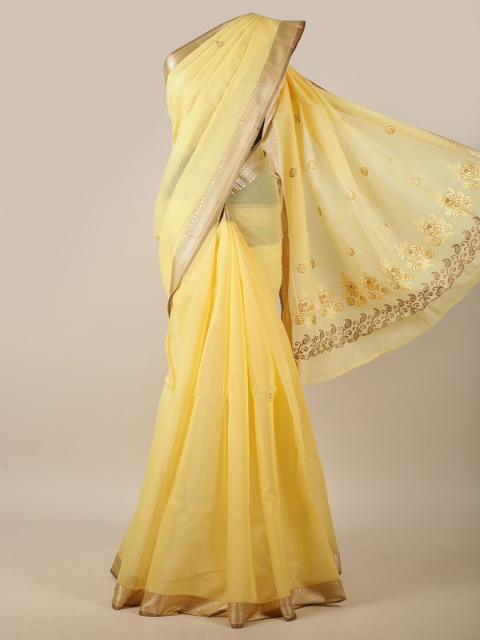 

Pothys Yellow & Gold-Toned Floral Embroidered Chanderi Cotton Saree