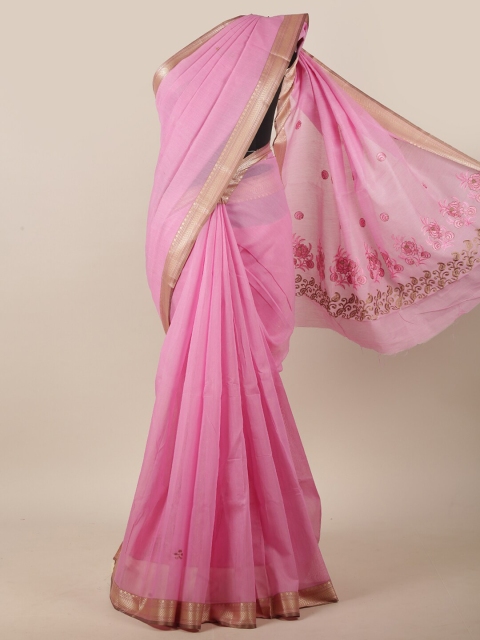 

Pothys Pink & Gold-Toned Floral Embroidered Chanderi Cotton Saree
