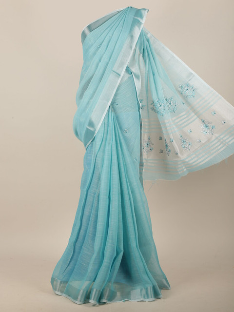 

Pothys Turquoise Blue & Silver-Toned Floral Embroidered Linen Blend Saree