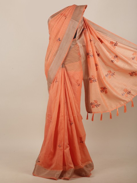 

Pothys Orange & Grey Floral Embroidered Chanderi Cotton Saree
