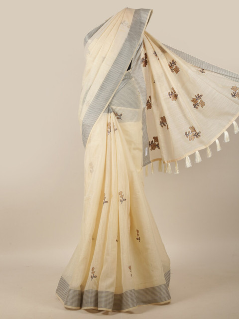 

Pothys Cream-Coloured & Grey Floral Embroidered Zari Border Chanderi Cotton Saree
