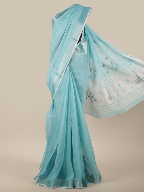 

Pothys Turquoise Blue & Silver-Toned Floral Embroidered Linen Blend Saree
