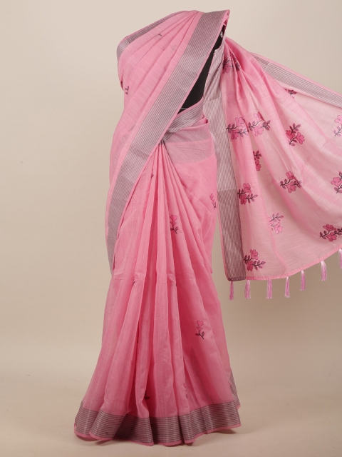 

Pothys Pink & Grey Floral Embroidered Chanderi Cotton Saree