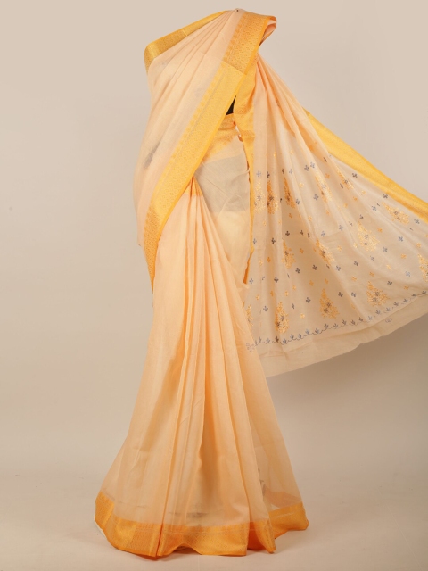 

Pothys Peach-Coloured & Yellow Floral Embroidered Chanderi Cotton Saree