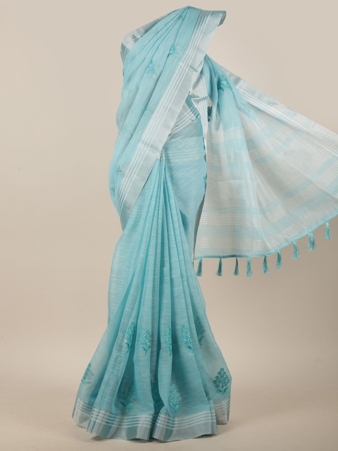 

Pothys Blue & Grey Floral Embroidered Zari Border Linen Saree