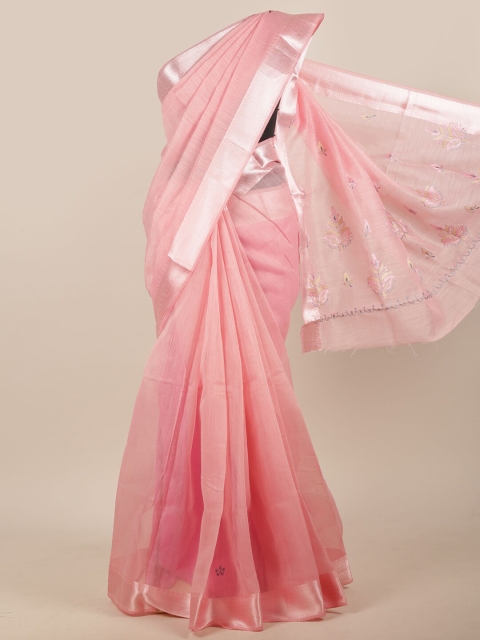 

Pothys Pink & Silver-Toned Floral Embroidered Zari Border Chanderi Cotton Saree