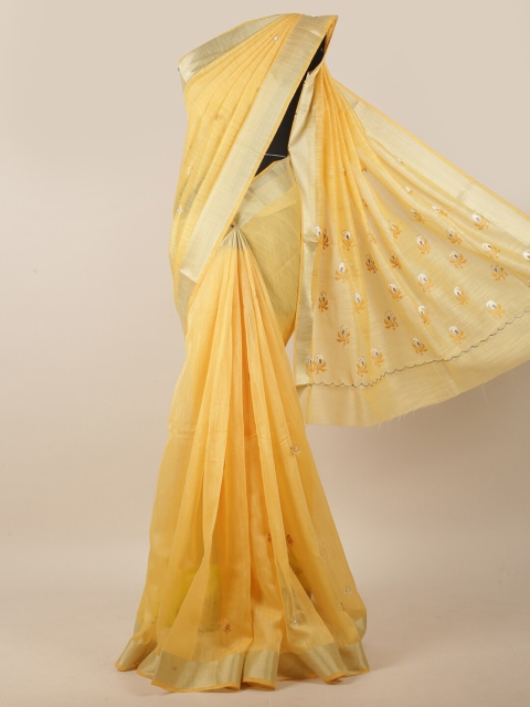 

Pothys Yellow & Silver-Toned Floral Embroidered Zari Border Saree