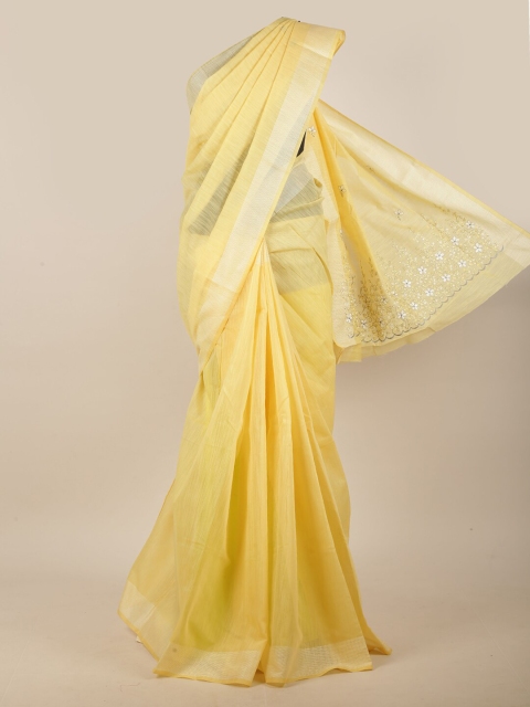 

Pothys Yellow & Silver-Toned Floral Embroidered Zari Border Saree