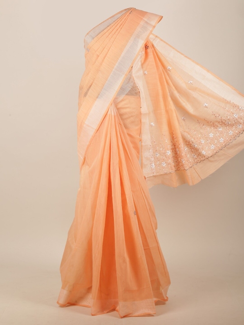 

Pothys Peach-Coloured & Silver-Toned Floral Embroidered Zari Border Saree