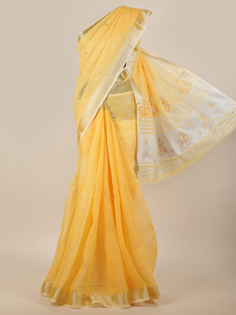 

Pothys Yellow & Silver-Toned Floral Embroidered Zari Linen Blend Saree