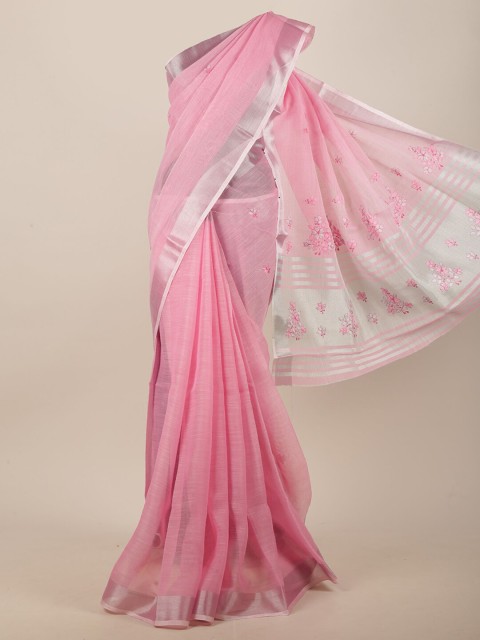 

Pothys Pink & Grey Floral Embroidered Zari Linen Blend Saree
