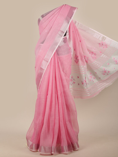 

Pothys Pink & Silver-Toned Floral Linen Blend Saree