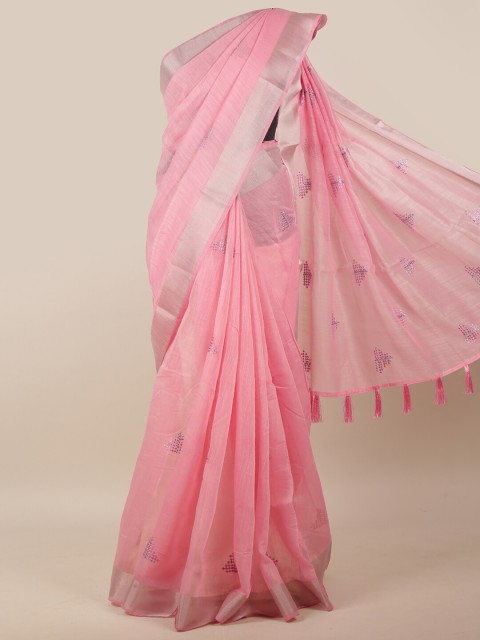 

Pothys Chanderi Cotton Pink & Grey Zari Border Saree