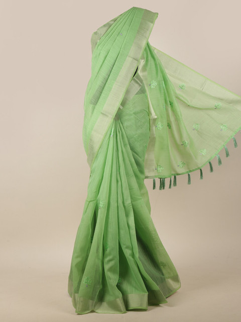 

Pothys Green & Silver-Toned Floral Embroidered Saree