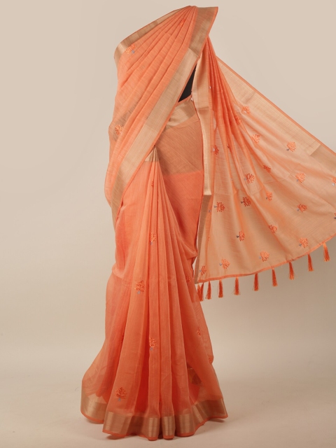 

Pothys Orange & Silver-Toned Floral Embroidered Saree