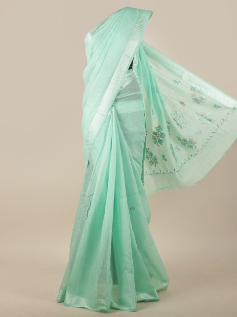 

Pothys Green & Silver-Toned Floral Embroidered Saree