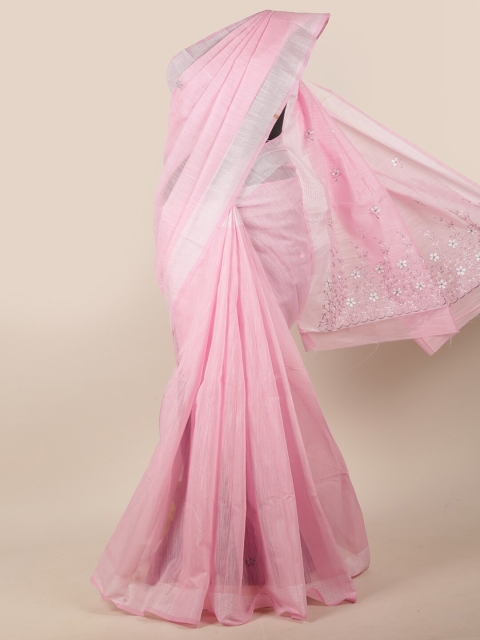

Pothys Pink & Silver-Toned Floral Embroidered Zari Border Saree