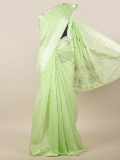 

Pothys Green & Silver-Toned Ethnic Motif Embroidered Zari Border Saree