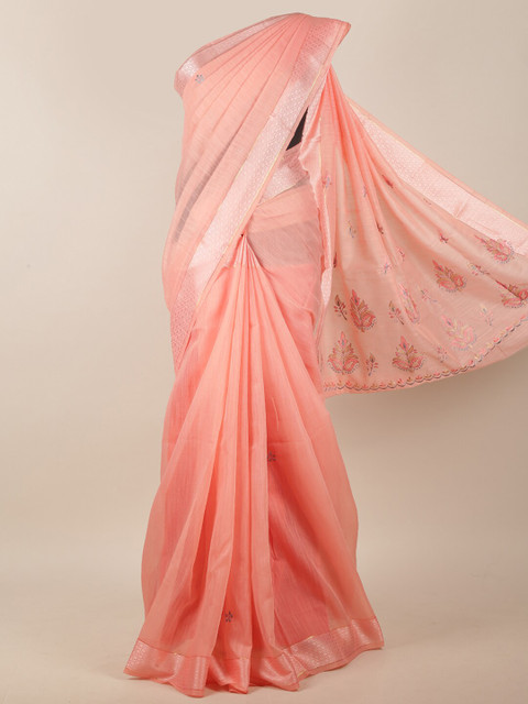 

Pothys Pink & Silver-Toned Floral Embroidered Zari Border Saree